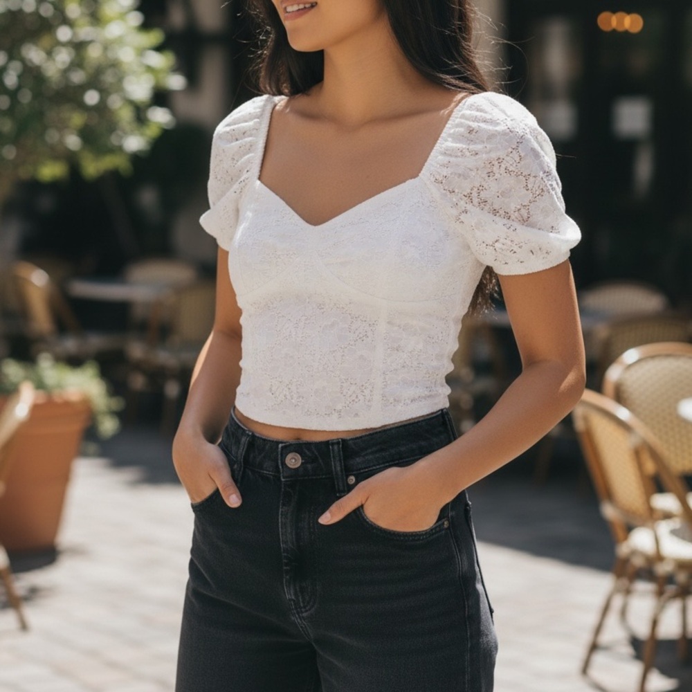 Eyelet Detail Y2K White Lace Puff Sleeve Top Cottagecore Coquette Blouse S